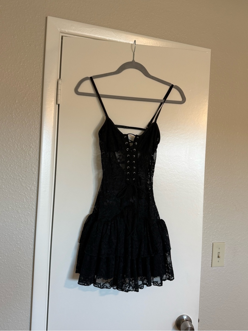 SHEIN Black Lace Corset-Tie Tiered Mini Dress